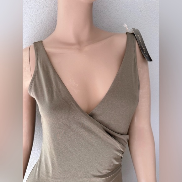 Pour Moi? Azure Tummy Control Swimsuit Shimmer Olive Green One Piece Wrap Front - Picture 3 of 14